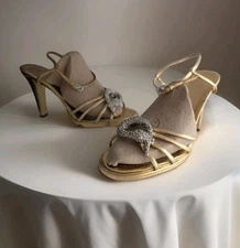 Valentino Garavani Snake Crystal Gold Leather Heels Ankle Strap Sandals Shoes