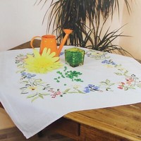 Stickpackung Sommerblumen Plattstich Stielstich Vorgez Stickset Tischdecke 80X80