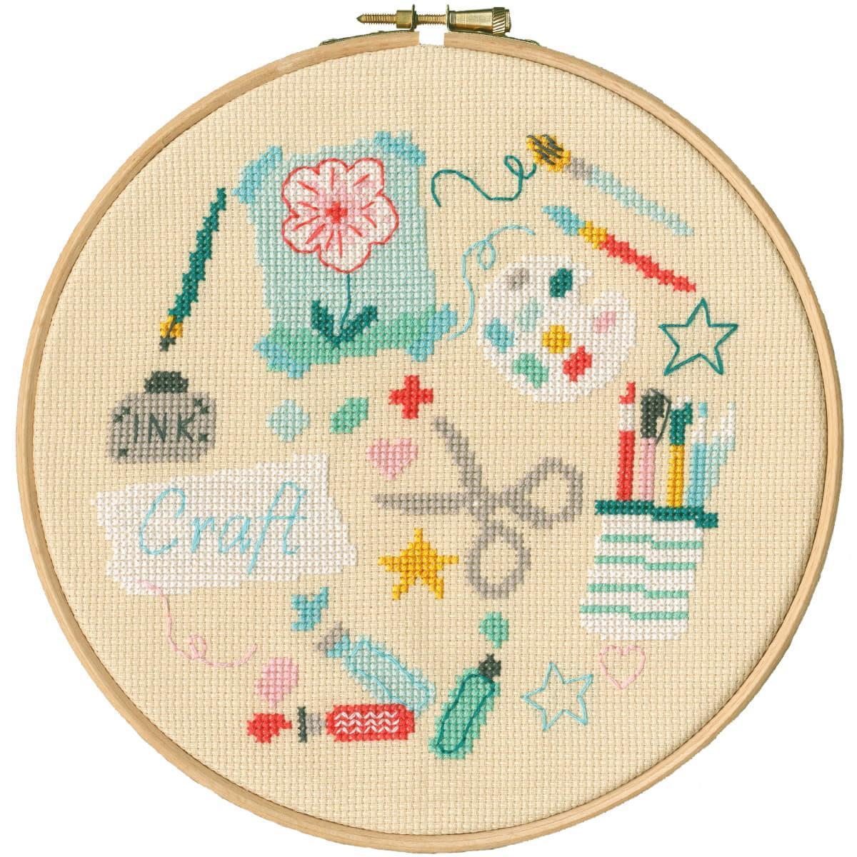 Bothy Threads counted cross stitch kit with wooden hoop ""Craft"", XJH7, Diam. 17,