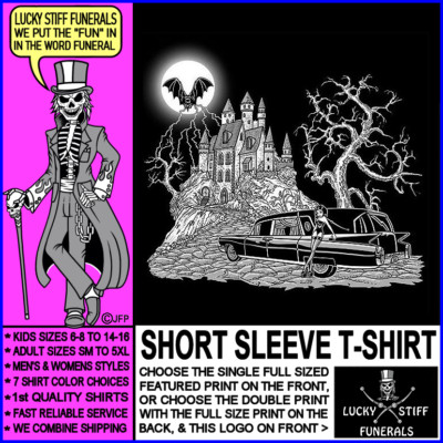 Gothic Girl Pin Up at Vampire Castle under Full Moon Bat Funeral Hearse T-shirt