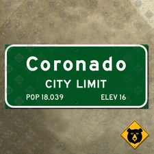 California Coronado city limits highway road sign marker resort island 27x12