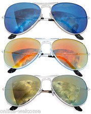 3 PAIRS SILVER FRAME AVIATOR STYLE BLUE RED YELLOW COLORED MIRROR LENS UV 99