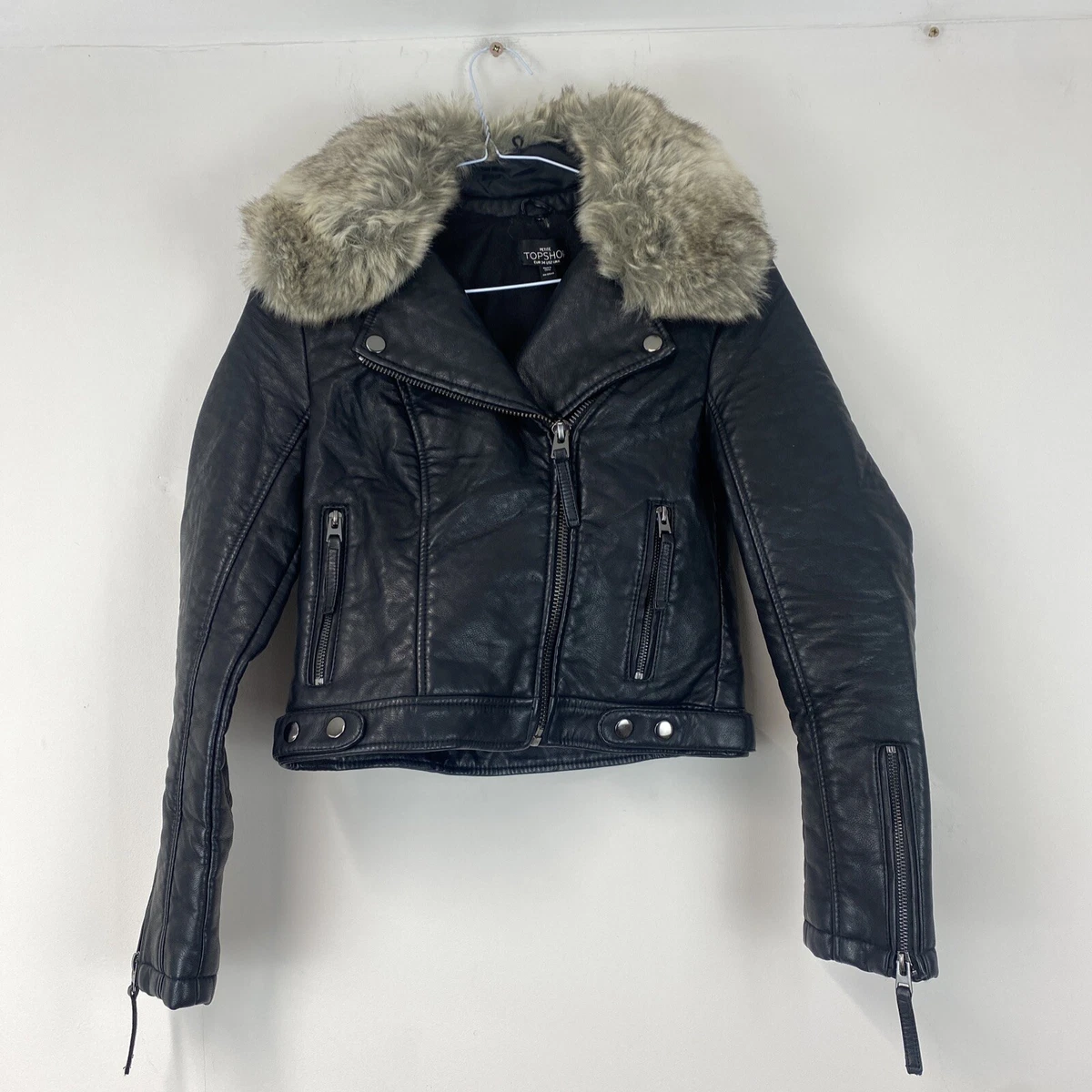 Topshop Petite Faux Leather Jacket with Faux Fur Collar UK6 30” chest