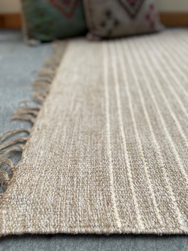 Rug Natural Rugs Soft Jute Pin Stripe Mat Beige Tassels Small Large Runner Mats - Picture 12 of 41