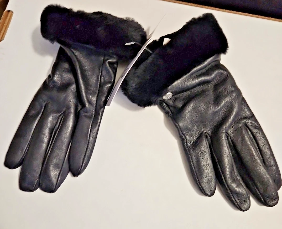 UGG Women's Shorty Classic Leather Black Shearling Cuffed Gloves Size Medium NWT