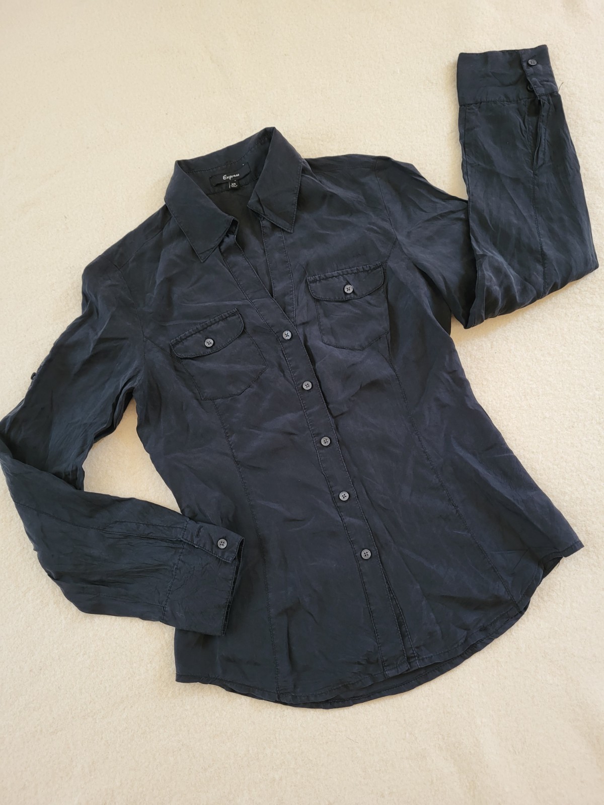 Black Silk Blouse Women's Size XS Long Sleeve Collard Button Down Pockets