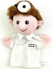 Vintage Plushpup Dentist Hand Puppet Plush 11" Head & Arms Hand Moves Brown Hair