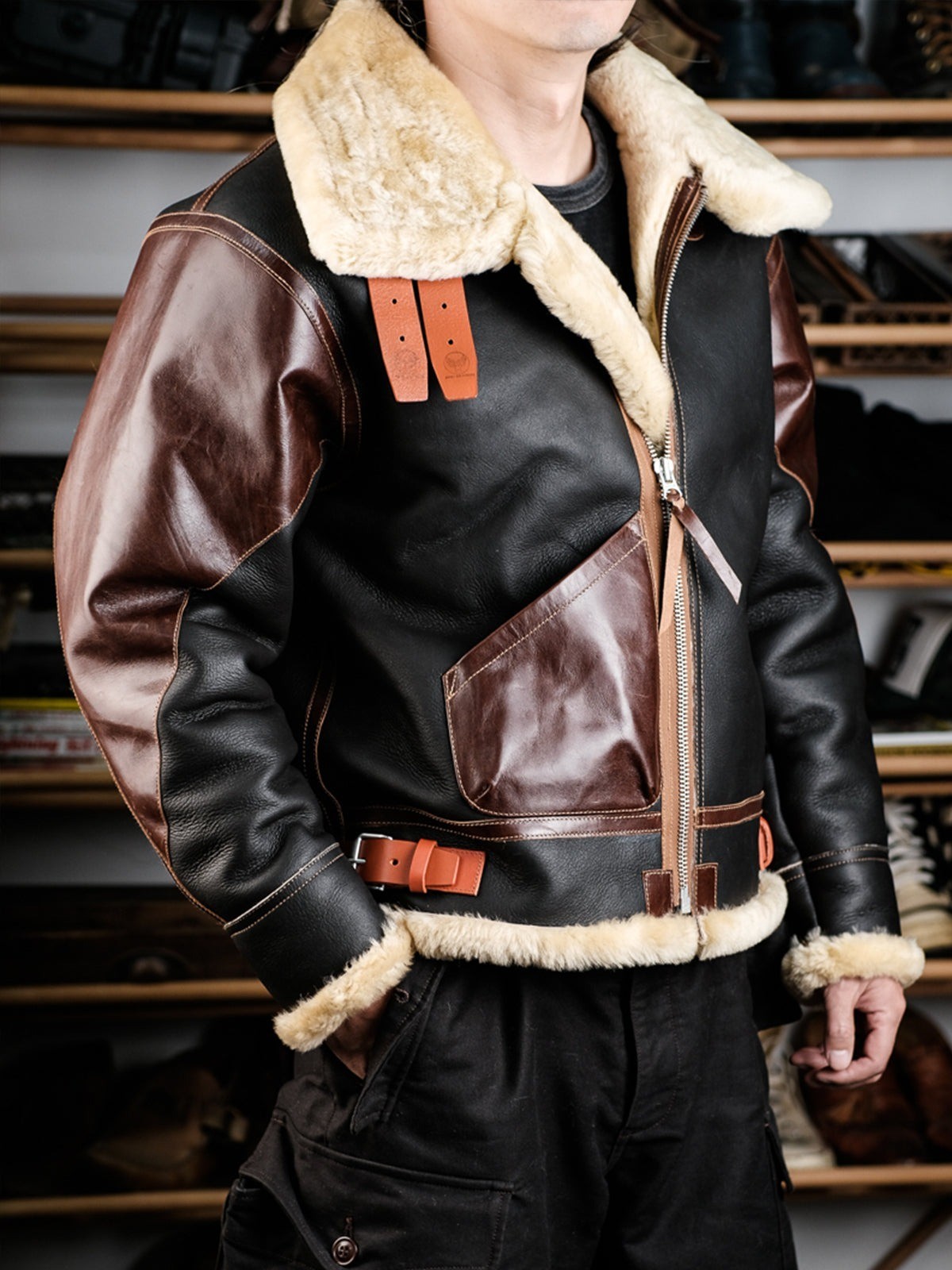 Men’s B3 Aviator Bomber Genuine Sheepskin Leather Shearling Fur Flight Jacket
