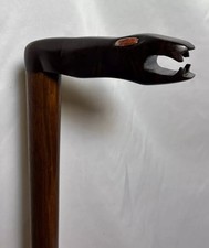 Unique Vintage Hand Carved Wood Snake Head Handle Walking Stick Cane Stone Eyes