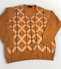 PRINGLE Sweater Mens 42 Cashmere Intarsia Scotland Argyle V-Neck Vintage Brown