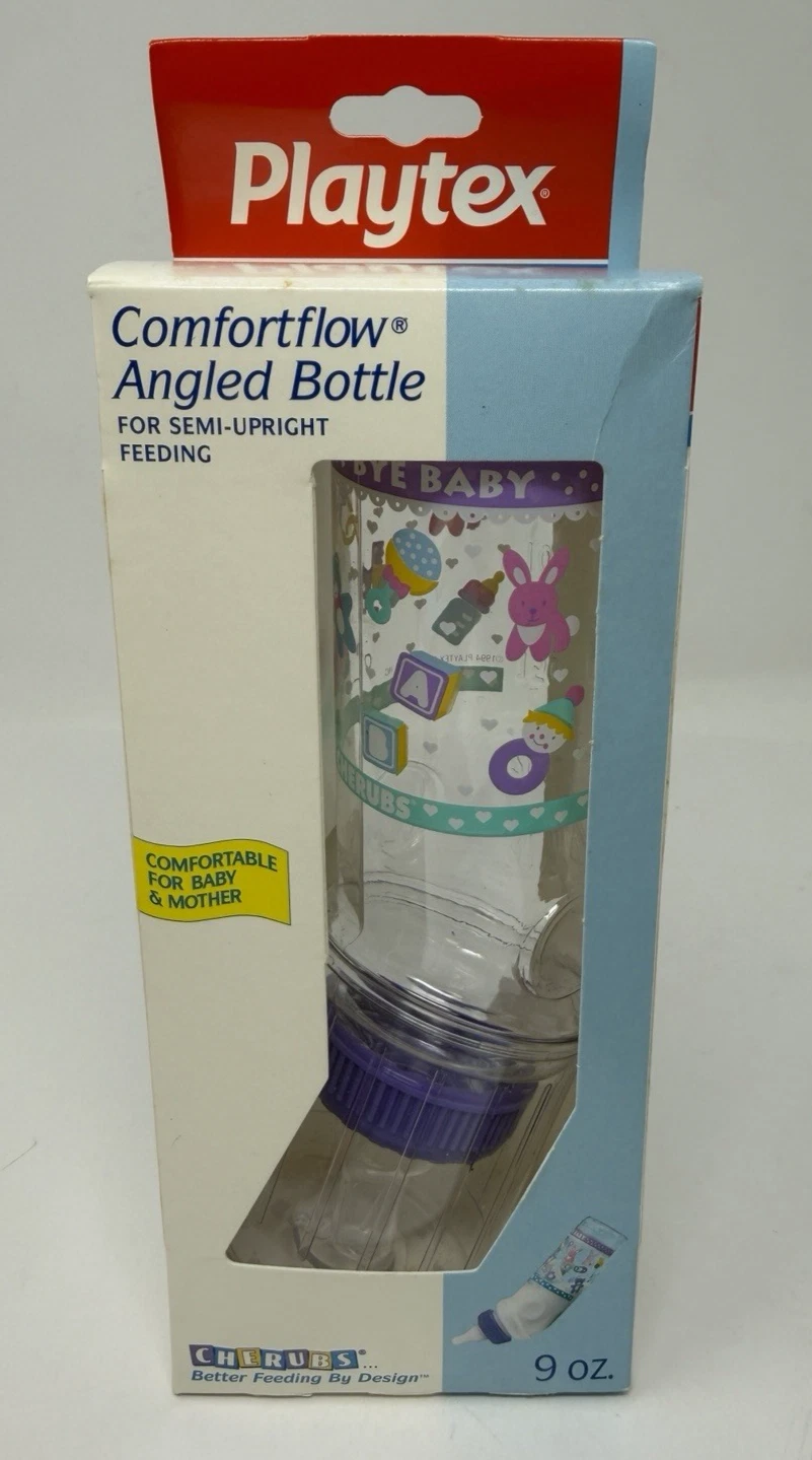 Vtg Playtex Baby Comfortflow Angled Bottle Cherubs Bunny Rattle Purple 9 Oz RARE