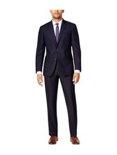 REACTION KENNETH COLE Mens Navy Check Classic Fit Suit 40W/ 32L