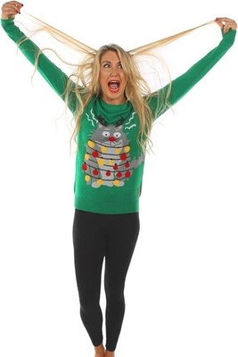 TIPSY ELVES Electrocuted Cat Ugly Christmas Sweater Size 1X NEW!