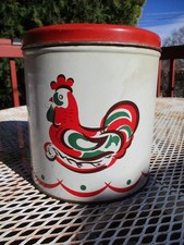 Vintage Decoware Tin Canister Red Rooster Hen 7.75" Tall X 7.25" Wide MCM