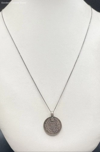 925 Silver Box Chain Ring Clasp Necklace W/ Vintage Coin Pendant
