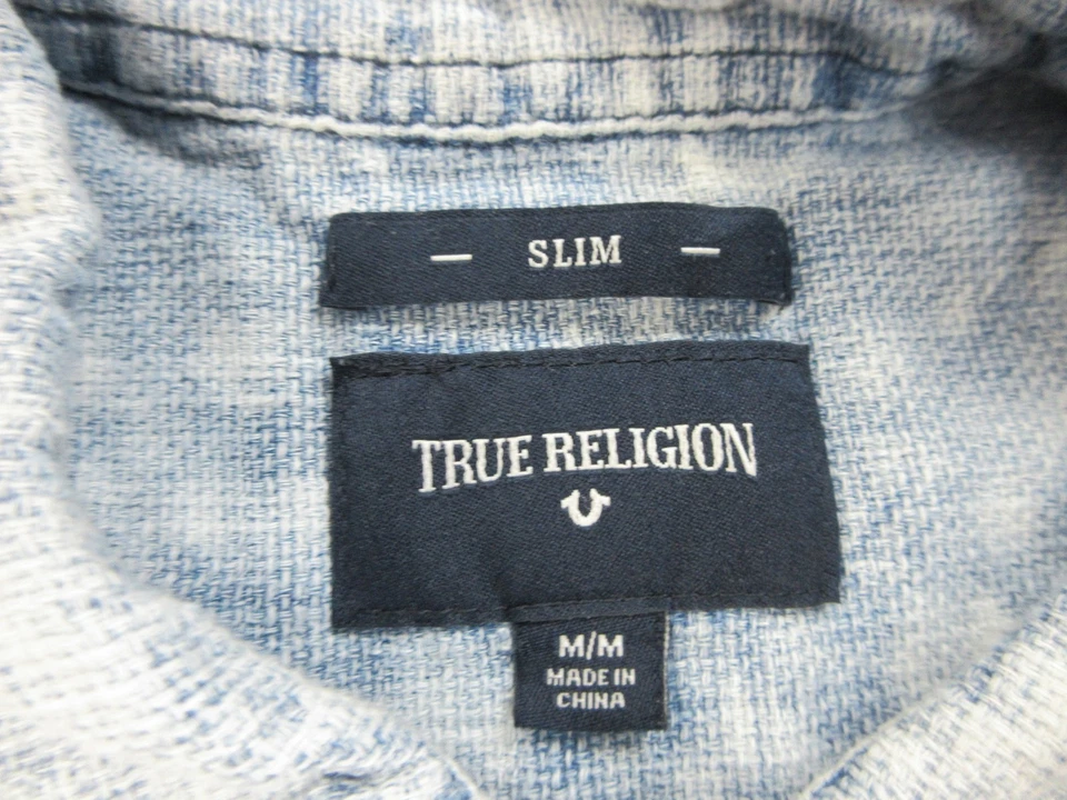 True Religion Shirt Mens Medium Denim Short Sleeve Slim Fit Casual Acid Wash - Image 4 of 4