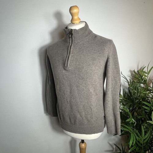 Barbour Jumper Mens Medium 100% Wool 1/4 Zip Pullover Sweater Tartan Elbow Patch - Picture 3 of 8