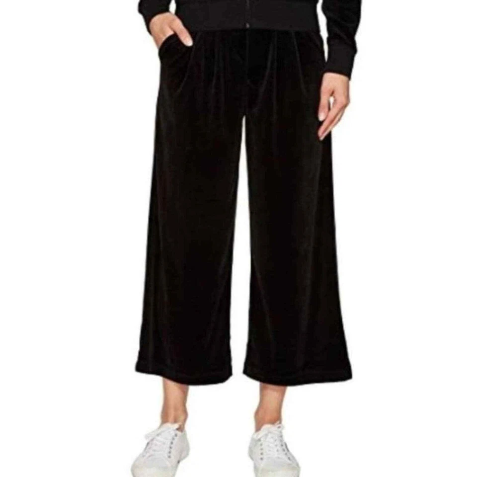 Juicy Couture Black Velour Cropped Wide Leg Trouser Pants Small