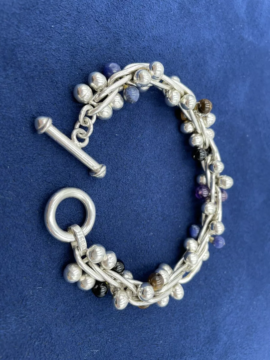 Vintage 925 Sterling Silver DNA Ball Link Toggle Clasp Bracelet Four Gemstones