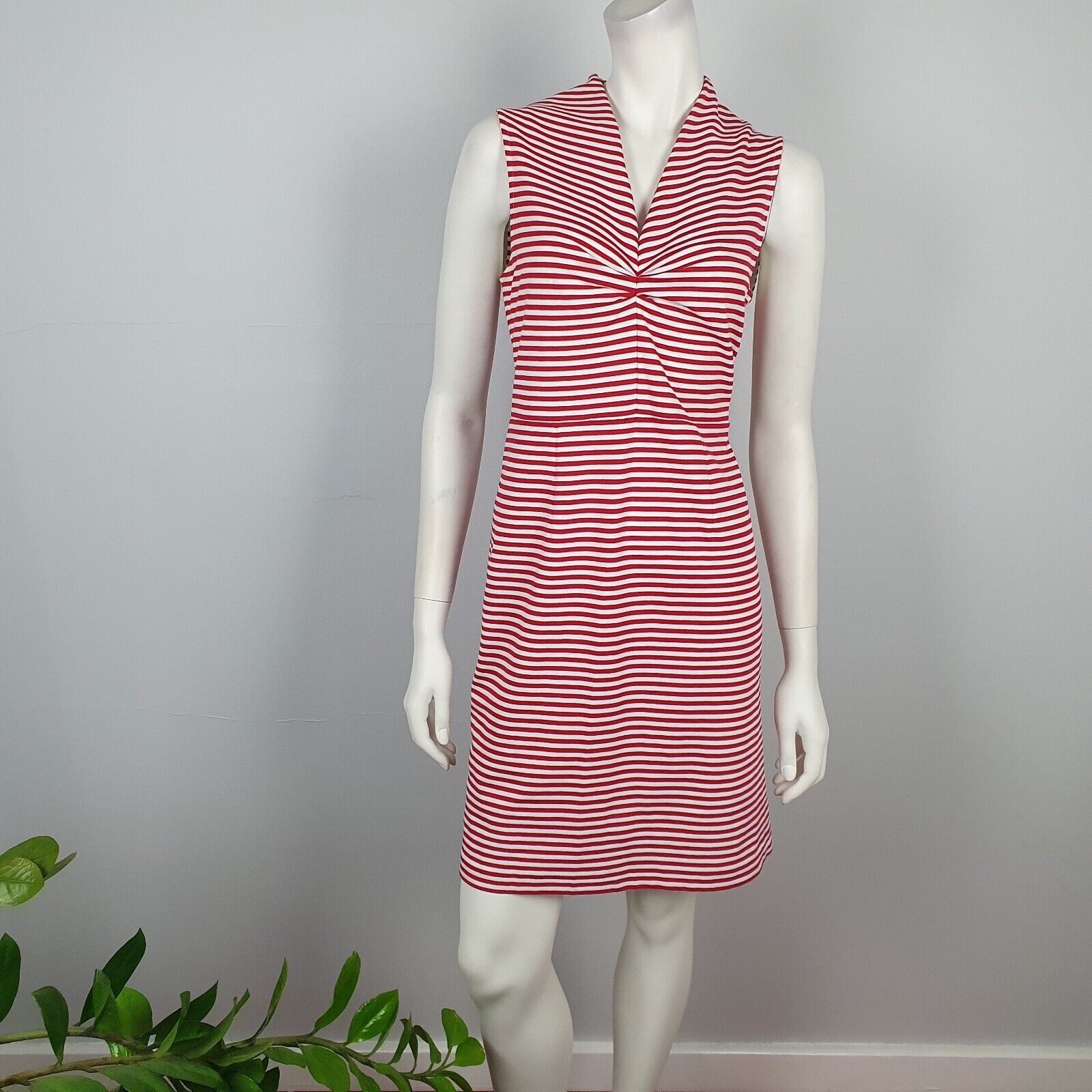 Peter Morrissey Size 14 Sheath Pencil Dress V Neck Red White Stripe Sleeveless