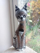 Wooden Cat Figure Carved Hand Painted Cat  Decorative Wood Ornament 38.5cm Tall