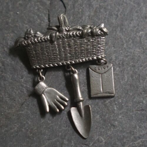 Vintage Brooch -  Jim Clift Hand Cast Pewter Garden Basket Tools Pin - Picture 1 of 3