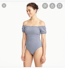 NEW JCrew 118 Gingham Off-The-Shoulder One-Piece Swimsuit Sz 0 Blue Ivory G4331
