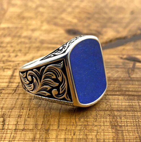 Anillo de lapislázuli en anillo de plata esterlina anillo de sello de piedra vintage para hombre regalos - Imagen 1 de 8