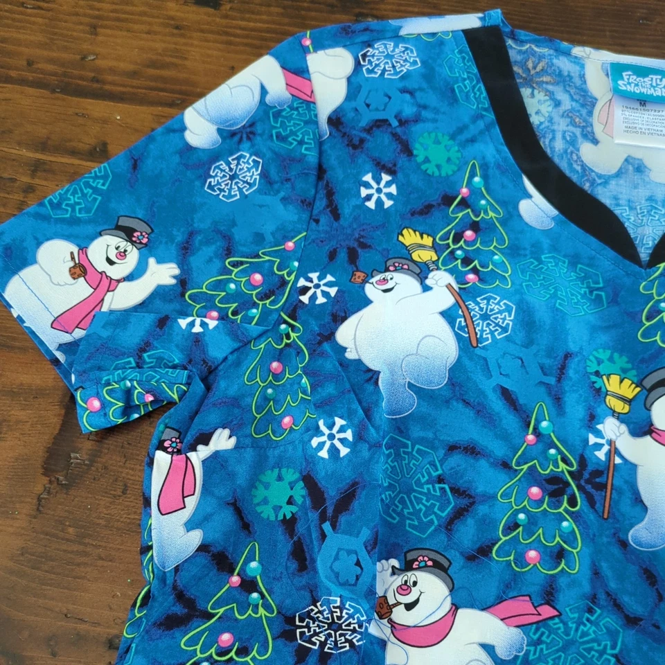 Frosty The Snowman Cherokee Christmas Woman's Scrubs Tooniforms V Neck Top Md - Image 3 of 4
