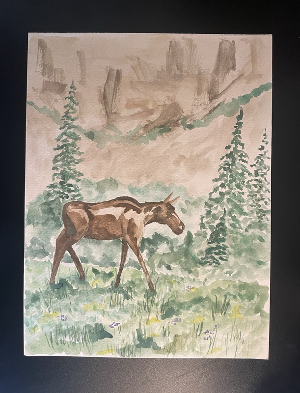 Watercolor Moose Forest Landscape Painting on Paper Realism Unframed, 9x12
