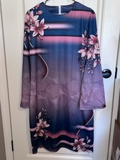 Long-sleeve Shift Dress with Pink Floral Accents. Ombre Gradient Print.