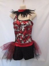 Red Sequin Silver Black Feather Dance Costume Shorts LA Large Adult