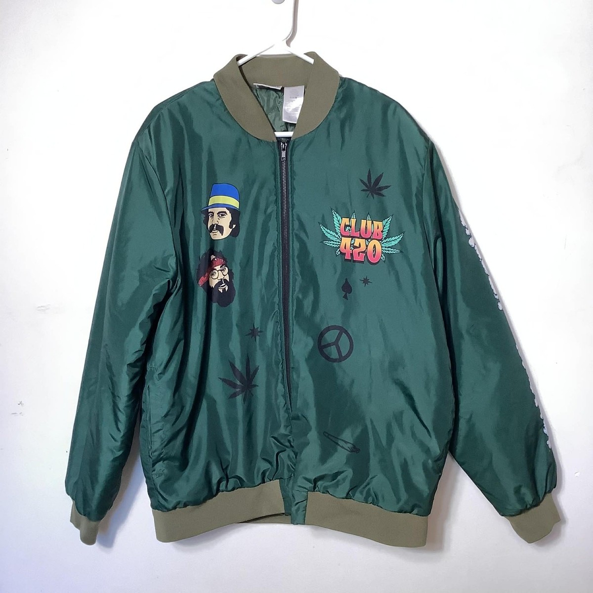 Cheech & Chong 420 Bomber Jacket Green Mens Medium Graphic Back