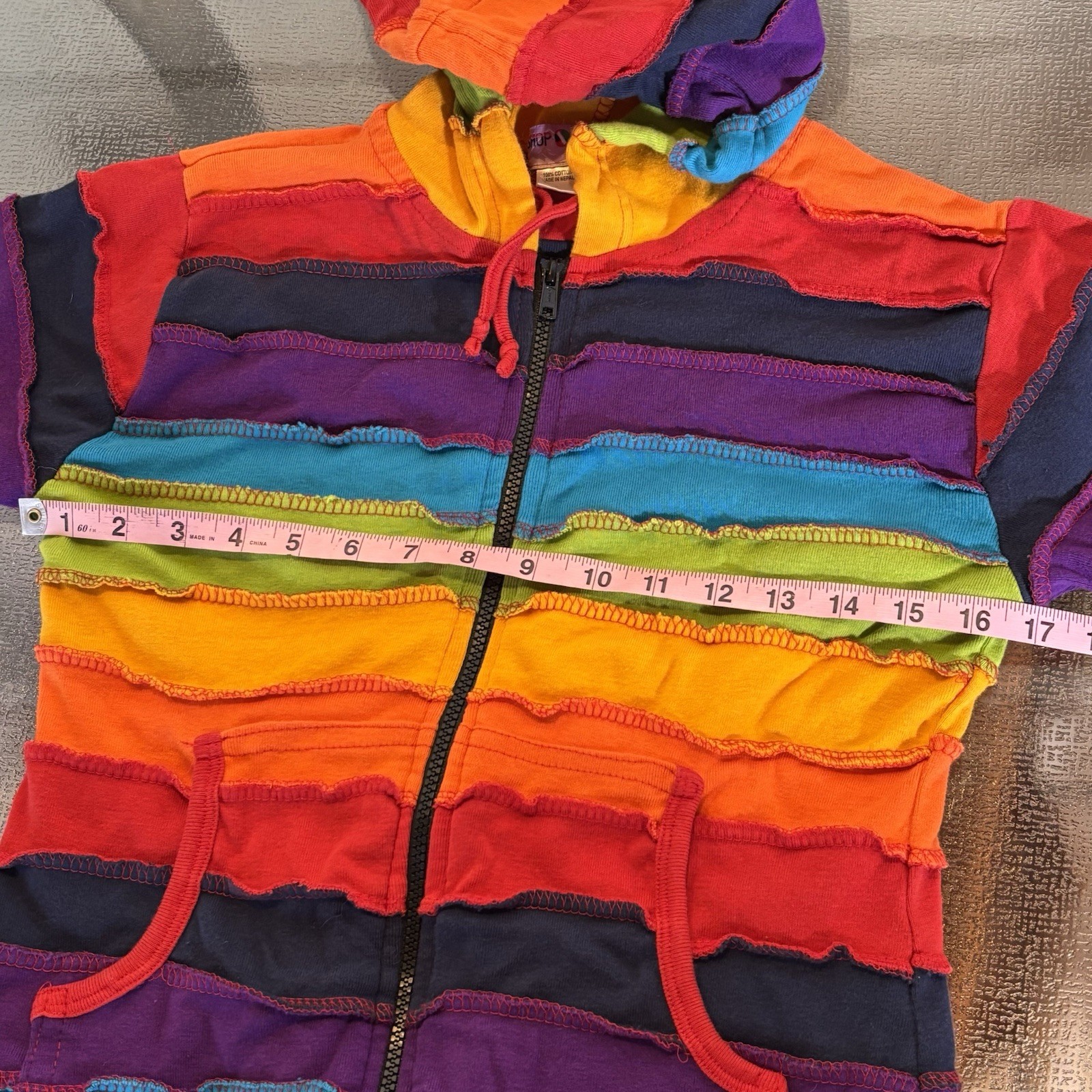 Rainbow Patchwork Fest Zip Up Pixie Hoodie Long H… - image 3