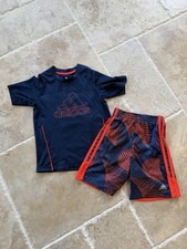 Adidas Boys Sz 5 Shirt Shorts Set Orange Navy Activewear