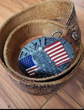 Vintage Bergamot pewte American Cowboy style Belt Buckle w/ Leather Belt