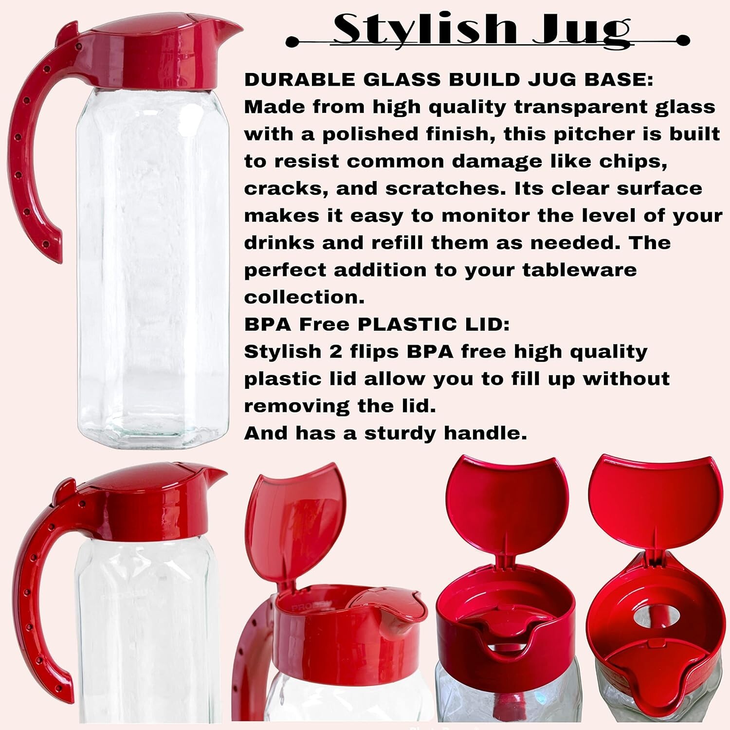 1.5 L Glass Fridge Door Jug Water Pitcher with Plastic Lid Cocktail
