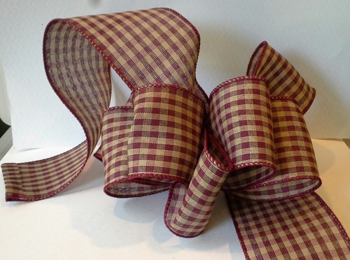 2.5" Ribbon homespun ck burgundy & beige 5 yds. Farmhouse Valentine Winter wire - Picture 2 of 2