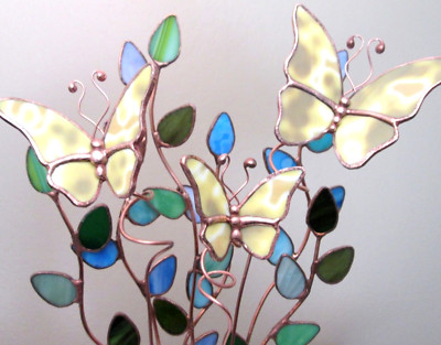 Stained Glass Butterlfy Garden Stakes (x3 Toffee Mottle) Suncatchers Decor Gifts