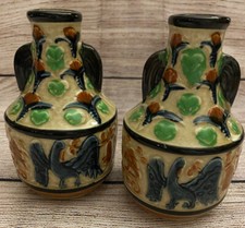 VTG PAIR OF CERAMIC VASES MADE IN JAPAN BLACK CREAM BLUE BIRDS MAJOLICA STYLE