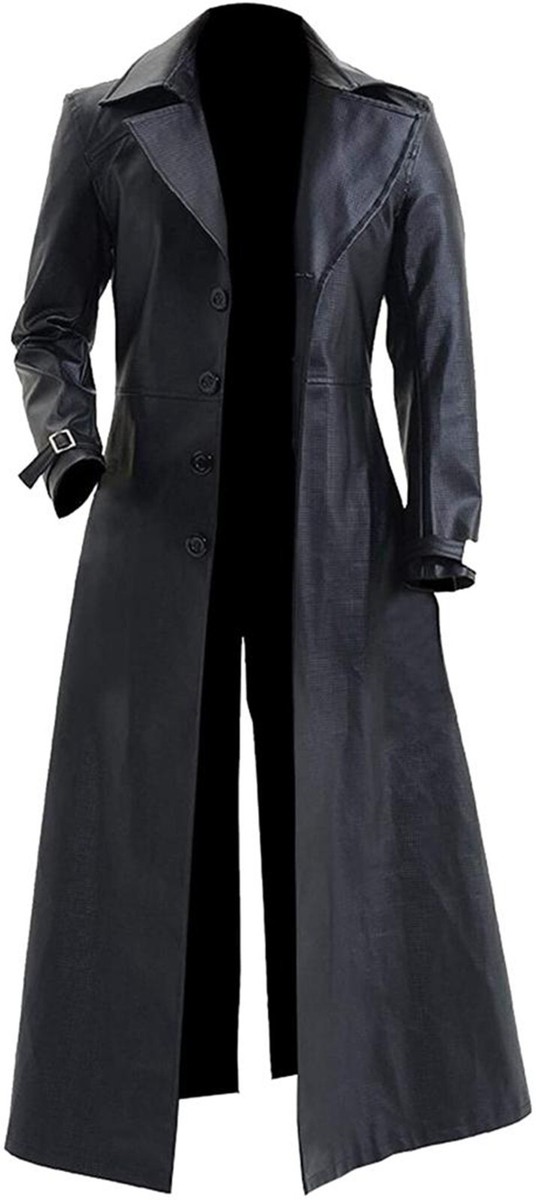 Mens Resident Evil Movie Costume Black Real Leather Trench Coat