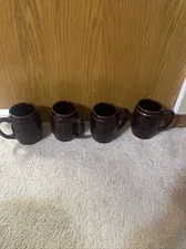 4 Vintage Hall Brown Barrel shaped Coffee Mugs Cups Heavy USA, 12 Oz Rare 1960’s