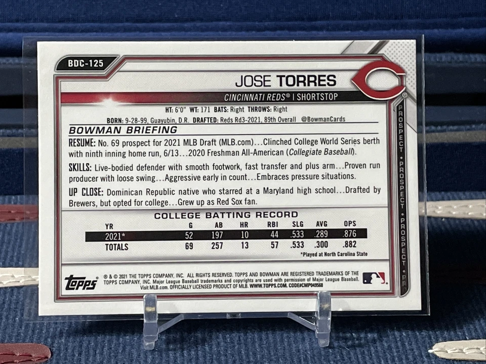 2021 Bowman Draft Chrome JOSE TORRES 1st Black & White Raywave Refractor BDC-125 - Image 3 of 3