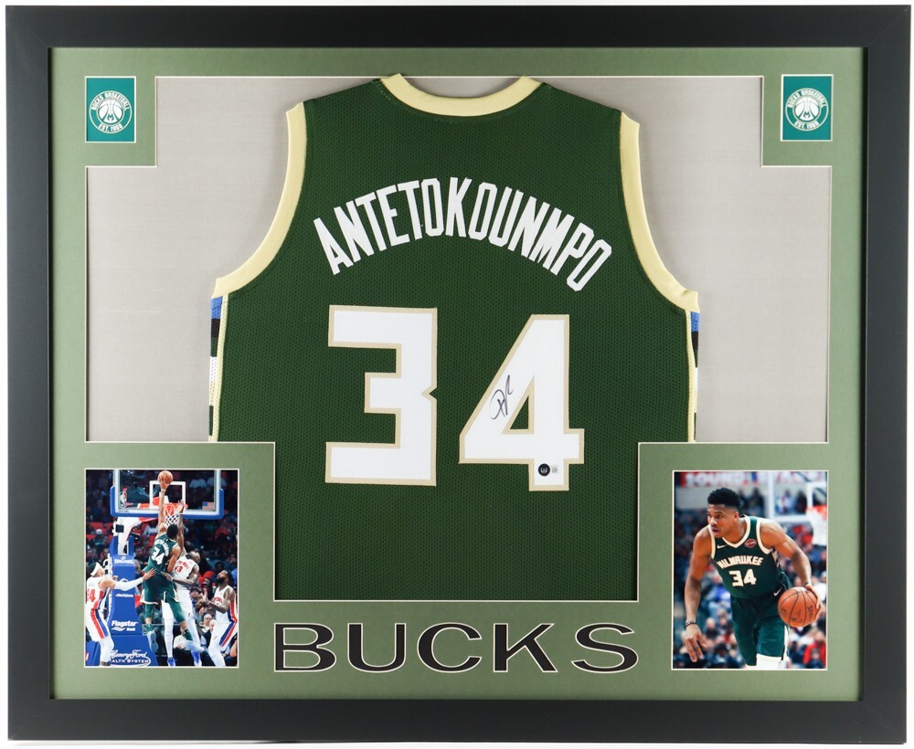 Giannis Antetokounmpo Autographed Signed 35" X 43" Framed Milwaukee Bucks Jersey (Beckett) 