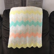 HANDMADE Crocheted AFGHAN Chevron 34 x 32 Baby Gender Neutral White Yellow Teal