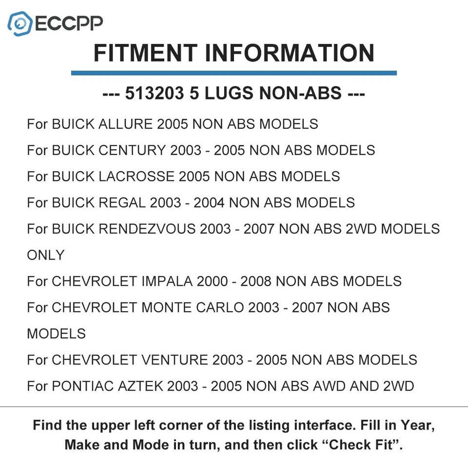 Cojinete de cubo de rueda delantero de 1 pieza para Chevrolet Impala Buick Century Regal sin ABS Foto 2 de 4