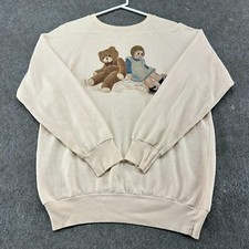 VINTAGE Teddy Bear Sweater Mens M Beige Pullover Doll Girl Raglan Child USA 90s