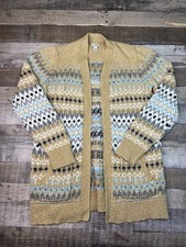 LL Bean Knit Open Front Cardigan Womens M Fair Isle Fisherman Cotton Tan Sweater