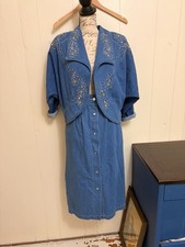 Vintage Denim Western Studded Oversized Blazer Skirt Suit Set Size Sm Rodeo Boho
