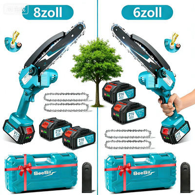 Seesii 6/8Zoll Mini Kettensäge Mini Kettensäge Handkettensäge  mit 2 *4,0Ah Akku
